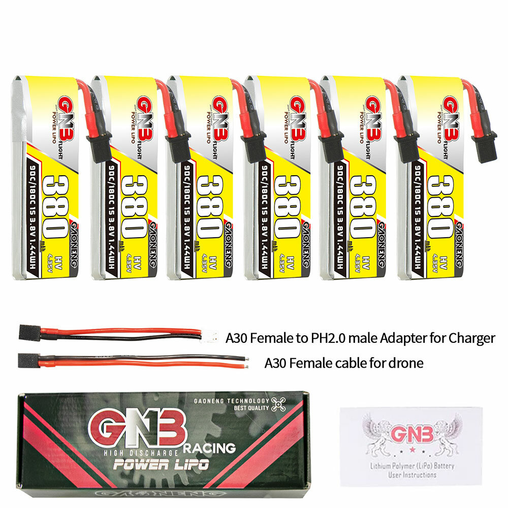 6 st Gaoneng 3,8V 380mAh 90C 1S LiHV batterij met A30 plug en adapterkabel voor Emax Tinyhawk S BetaFPV Beta75X Top Merken Winkel